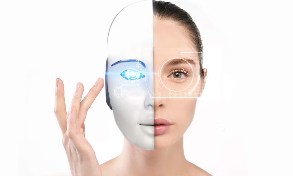 AI-powered skin analysis technology scanning a woman's face for personalized skincare recommendations