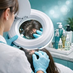 Trichology specialist examining a patient's scalp with a magnifying diagnostic lamp to assess hair loss and scalp health.