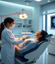 Dentist consulting with a patient in a modern cosmetic dentistry clinic during a smile makeover treatment session.