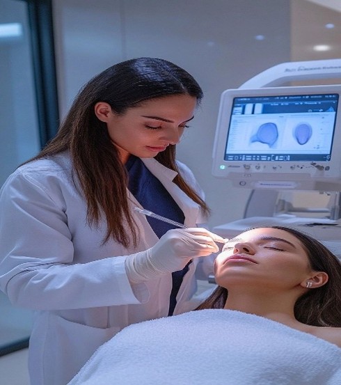 Aesthetic doctor performing a facial skin assessment using AI-powered diagnostic technology in a modern clinical cosmetology clinic