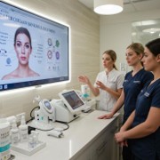 Aesthetic medicine professionals reviewing AI-powered facial skin analysis during an anti-aging consultation