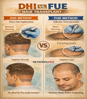 Infographic comparing DHI hair transplant and FUE hair transplant techniques, implantation methods, and graft placement procedures